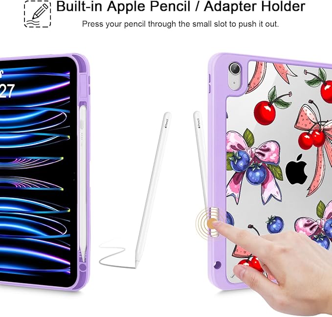Tuiklol for 2025 iPad (A16 Chip) 11th Generation 11 inch/iPad 10th Gen 10.9 inch 2022 Case Buit in Pencil Holder with Clear Back Shell Cover Trifold Stand Auto Wake/SleepBerries Ribbons Purple