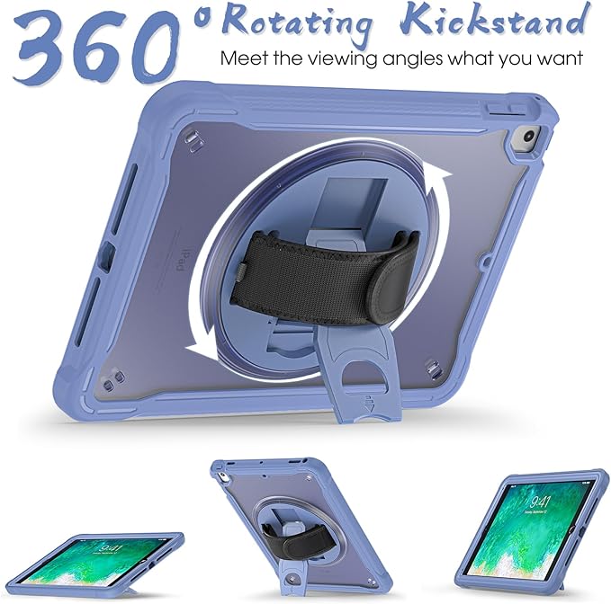 BRAECNstock Case for iPad 6th/5th Generation 9.7 inch 2018/2017ipad Air 2nd Gen &amp Pro 9.7 inch Cover for Kids with Pencil HolderScreen Protector360°Rotating Hand Strap&ampKickstand-Lavender Gr