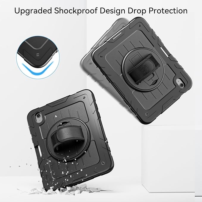 Case for iPad 10th Generation 10.9inch 2022with Built-in Screen Protector and KickstandHand StrapShoulder Strap for New Apple iPad 10.9 Inch - Black