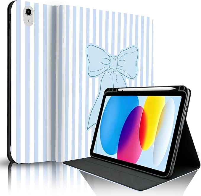 Blue White Striped-Blue Ribbon Bow