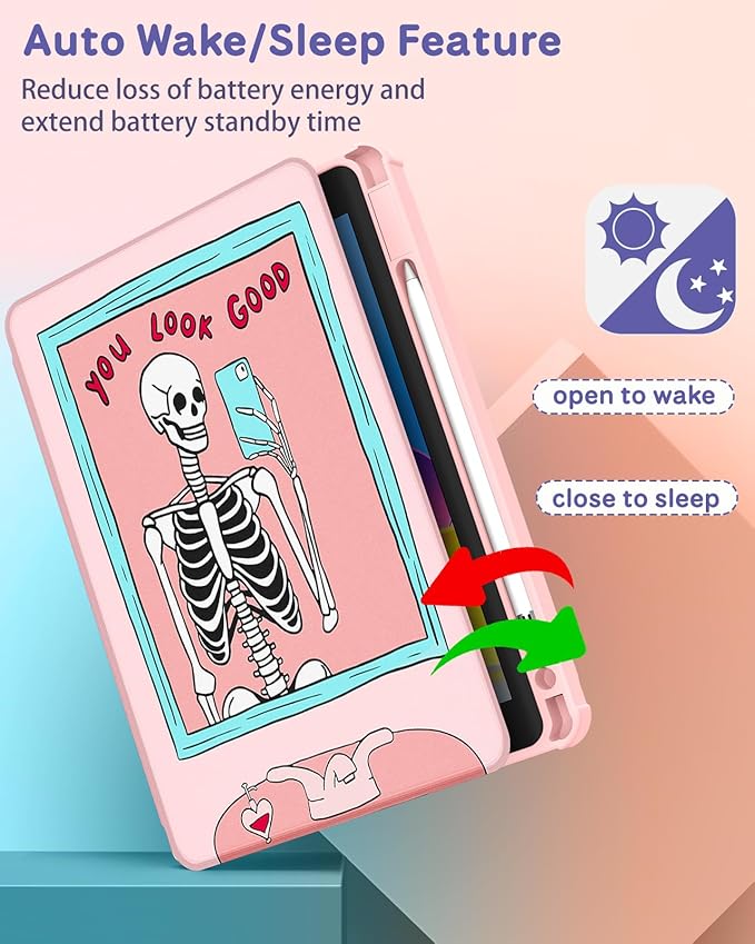 for iPad Air 11 inch Case Air 5th/4th Generation 10.9 Pro 11'' Case Women Girls for Apple Pencil Holder Cute Skull Skeleton Goth Rotating Folio Cover for Apple iPad Air 5/Air 4/Pro 11