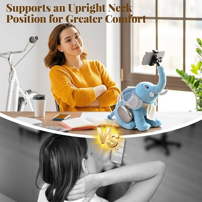Phone Stand 360°Rotating Desk Phone Stand with 45°Adjustable Trunk Ear Pockets Glasses Cloth Scarf - Plush Phone Holder Back Fits Headphones Cell Phone Stand for desk Bed Sofa Car-Gray/Blue