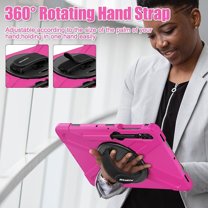 BRAECNstock for Samsung Galaxy Tab S10+ Plus/ S9 FE+ Plus/ S9+ Plus/ S8+ Plus/ S7 FE/ S7+ Plus 5G Tablet Case 12.4 Shockproof Protective Cover with Pen Holder Rotating Hand Strap &amp Stand - Rose R