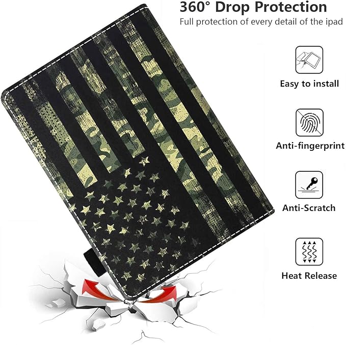Case for Amazon Kindle Fire HD 10 &amp 10 Plus Tablet 10.1 (13th/11th Generation 2023/2021 Release) - PU Leather Folio Case with Smart Auto Wake/Sleep American Flag Camo