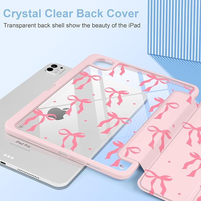 MecBevia Case for iPad Pro 11 inch M5 2025 / M4 2024 (6th/5th Gen) A3357 A3358 A3359 A2836 A2837 A3006 – Built-in Pencil Holder &amp Auto Wake/Sleep Pink Bow