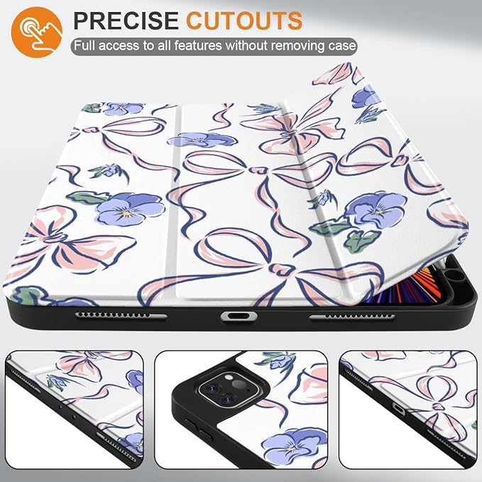 DONGKE Case for 2022/2021/2020/2018 iPad Pro 11 inch Gen 4/3/2/1 - Slim Protective Case - Built in Pencil Holder Support Charging - Trifold Stand &amp Sleep/Wake Cover- Pansies Flower