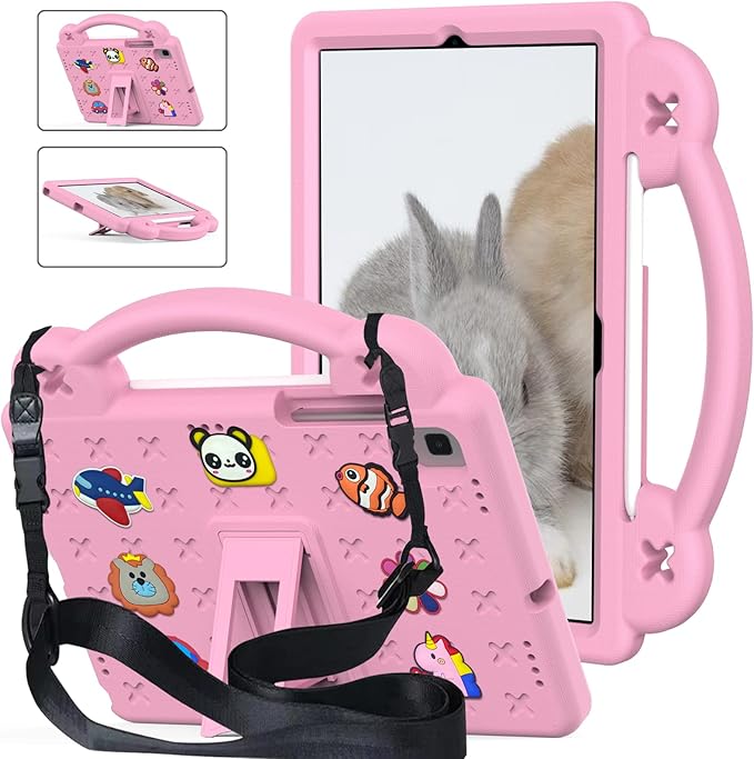 Compatible with Samsung Galaxy Tab A7 10.4 (2020/2022)/Tab S6 10.5(2019)/Tab S5e 10.5 inch(2019)/Tab S6 Lite 2020/2022 10.4 Tablet Case Shoulder Strap &amp Pen Tray for Girl Kid Gift Pink