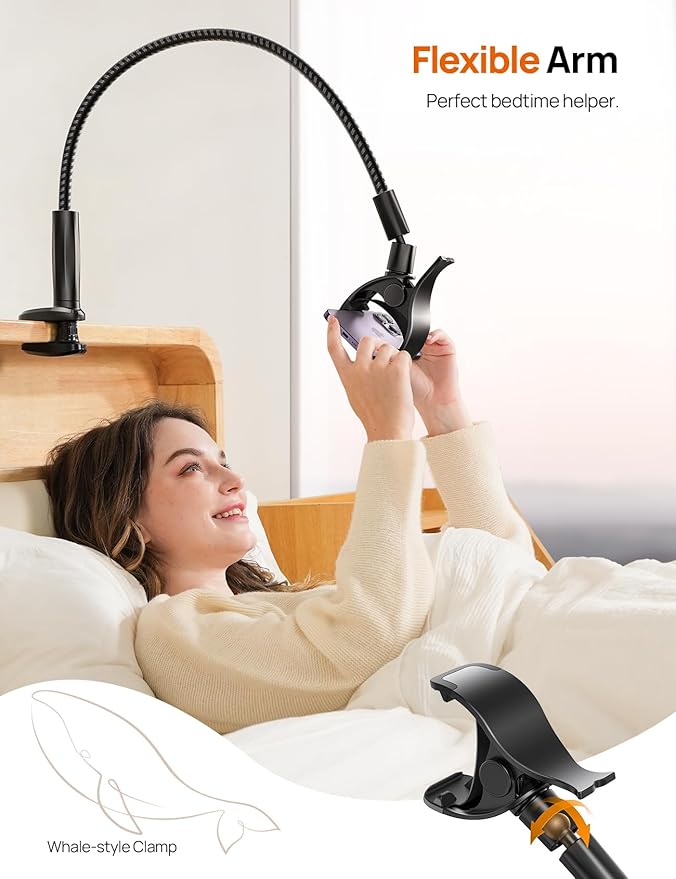 Aomiker Gooseneck Phone Holder for Bed - [2025 Upgrade Nylon Braid] 38” Long Flexible Lazy Arm Clip 360 Adjustable Overhead Phone Mount for iPhone 15 14 13 12 11 Pro Max Mini Plus all 4-7 Cellphone