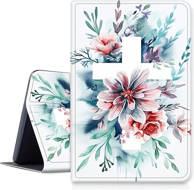 DIGTIALLL Case for Amazon Kindle Fire HD 8 &amp 8 Plus Tablet (12th Generation/10th Generation 2024/2022/2020 Release) PU Leather Smart Protective Cover with Auto Sleep/WakeWatercolor Cross Flowers