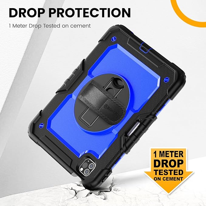 Timecity Case for iPad Pro 11 inch 4th Generation 2022 Shockproof Case with Screen Protector &ampPencil Holder+Rotating Stand+Handle for iPad Pro 11 2021/2020/2018 (3rd 2nd 1st Gen) - Dark Blue
