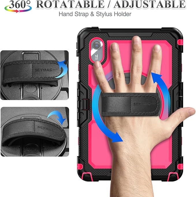 SEYMAC stock Case for Lenovo Idea Tab 11'' 2025/ Tab M11 2024/ K11 (TB336FU/TB330FU) Drop-Proof Case for Lenovo 11 inch with 360° Rotate Stand/Strap [Pen Holder] &amp Screen Protector Rose+Black