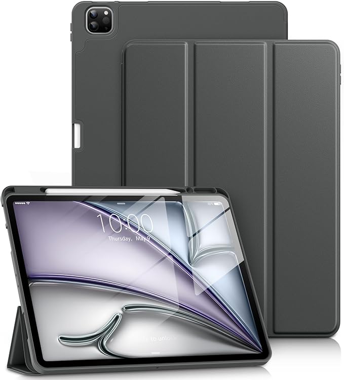 DTTO for iPad Air 13 Inch Case M4/M3/M2 2026/2025/2024 iPad Pro 12.9 Inch Case (6th/5th/4th/3rd Gen) Smart Slim Trifold Stand Soft Cover with Pencil Holder Dark Gray