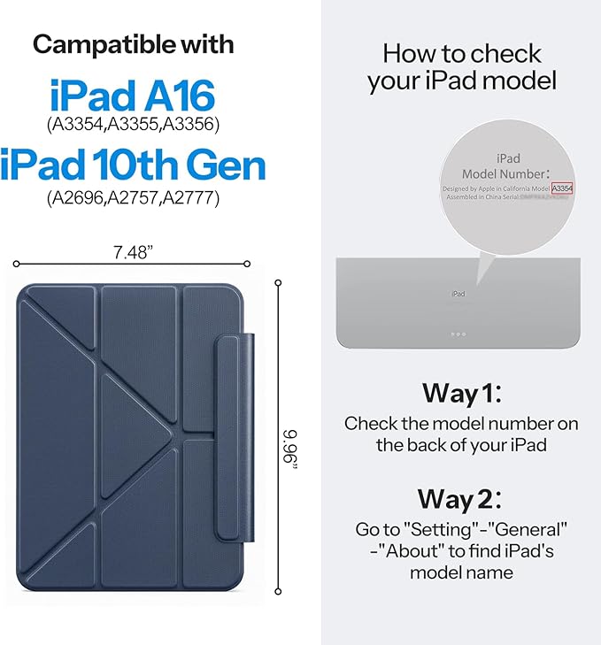 SPARIN Magnetic Case for iPad A16 11th/10th Gen (2025/2022) Origami Stand Cover with Auto Sleep/Wake Multi-Angle Viewing Hidden Pencil Holder Ultra Slim Lightweight &amp Stable on Sofa/Bed-Navy B
