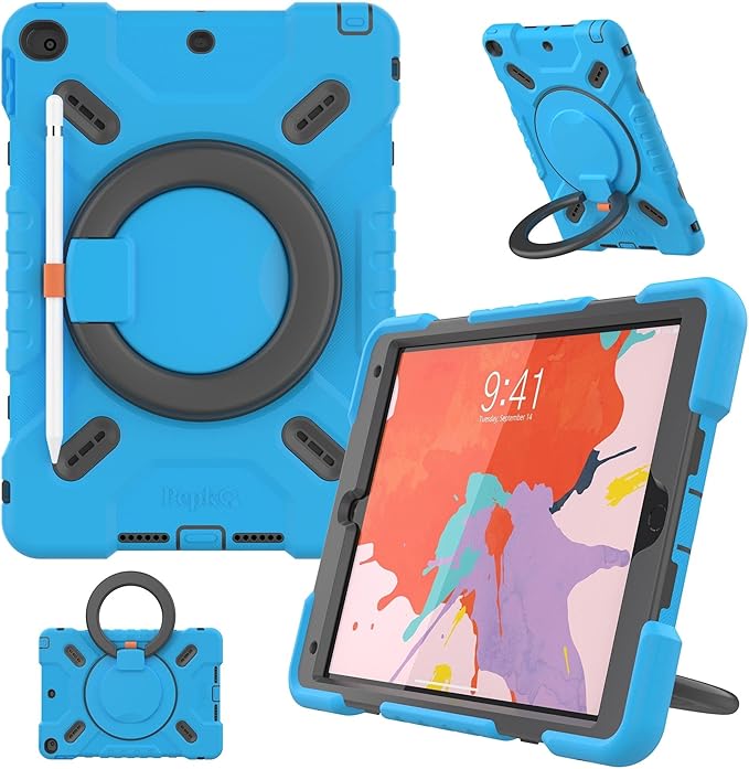 PEPKOO Triple Shockproof Case for iPad 9th/8th/7th Generation 10.2 inch 2021/2020/2019 Air 3rd Generation 10.5 inch Heavy Duty Cover with Pencil Holder Handle Kickstand Shoulder Strap Blue