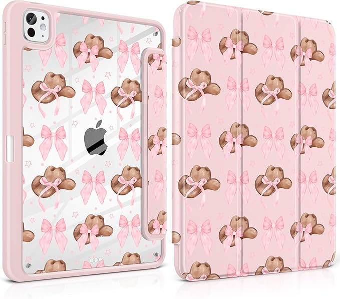 Case for iPad Pro 13 inch (M5) 2025 (M4) 2024 Release with Pencil Holder - Aesthetic Cute Preppy Design Trifold Cover with Soft TPU Bumper Clear Back Auto Sleep/Wake for Girls Women Hat