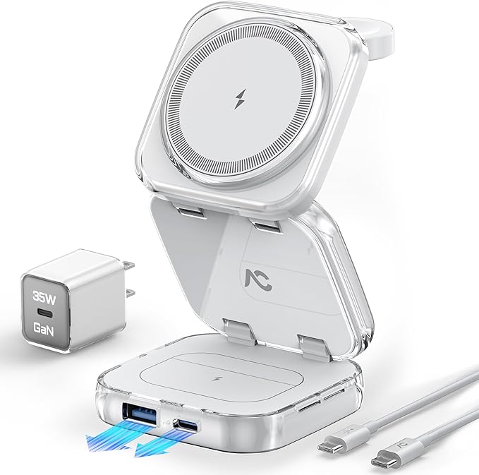 5-in-1 Wireless Charger for MagSafe AC ISLAND Portable Travel Charging Station 35W Max Fast Foldable Magnetic Stand Evolved for iPhone 17-12 &amp Air Series Apple Watch AirPods (with 35W Adapter