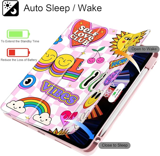 May Chen for iPad Pro 11 inch M2 4th Generation 2022 iPad Pro 11 3rd/2nd/1st Gen Built-in Pencil Holder with Shockproof Cover Clear Transparent Back Shell Auto Wake/Sleep Groovy