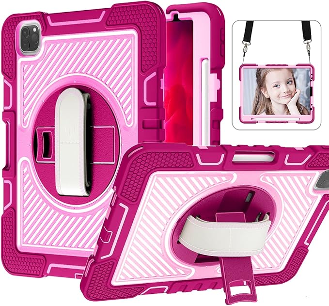 Shockproof Case for iPad Pro 11-inch 4th/3rd/2nd Generation with Shoulder Strap Techcircle Heavy Duty Rotating Kickstand Hand Strap Rugged Defender Protective Case with Pencil Holder Rose+Pink