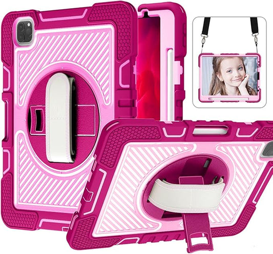 Shockproof Case for iPad Pro 11-inch 4th/3rd/2nd Generation with Shoulder Strap Techcircle Heavy Duty Rotating Kickstand Hand Strap Rugged Defender Protective Case with Pencil Holder Rose+Pink