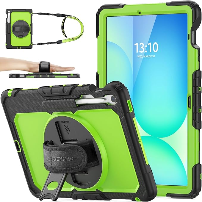 SEYMAC stock Case for Samsung Galaxy Tab S10 FE+ Plus 5G Tablet Case 13.1'' Protective with Screen Protector Pen Holder 360 Rotate Stand Hand Strap Shoulder Strap Green1