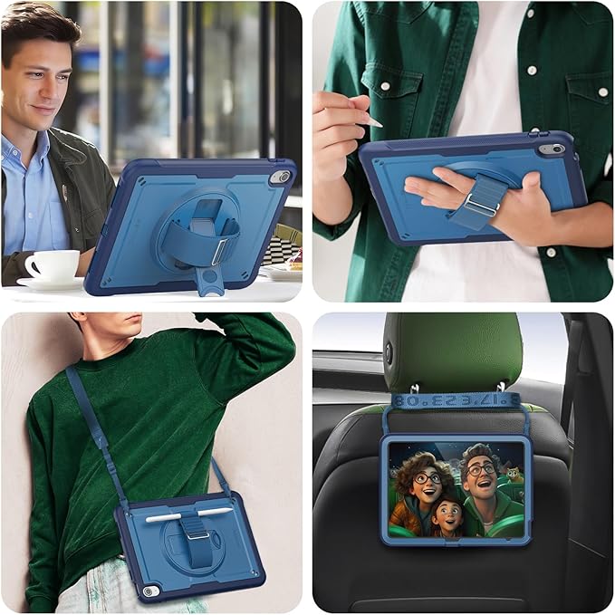 SEYMAC for iPad (A16) 11th/10th Generation Case 2025/2022 (11″/10.9″) Full-Body Shockproof Protective Case with Screen Protector Rotating Stand Hand/Shoulder Strap Navy Blue