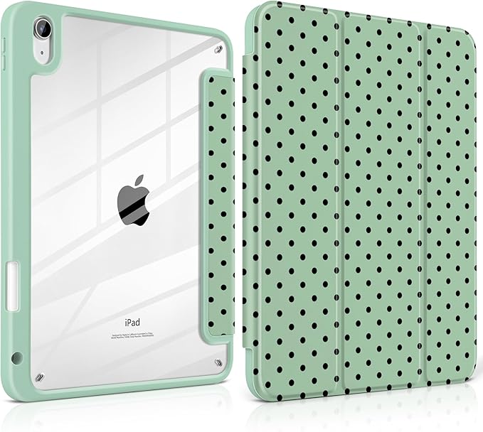 Case for iPad A16 11th Generation 11 inch 2025 iPad 10th Generation 10.9 inch 2022 -[Built-in Pencil Holder] Shockproof Clear Hard Back Trifold Stand Auto Wake/Sleep Green Polka dot