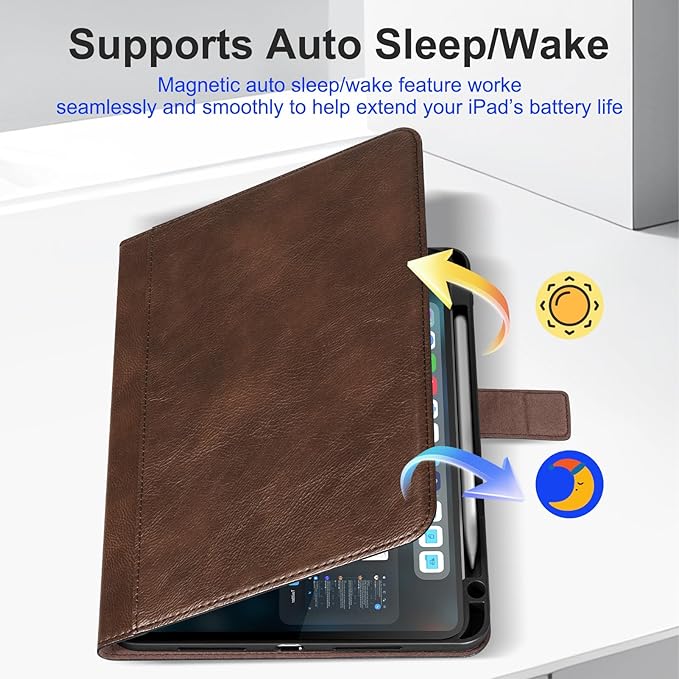 Genuine Leather Case for iPad Pro 11 Inch 4th-1st Gen 2022/2021/2020/2018 Premium Folio Cover with Pencil Holder Auto Wake/Sleep Adjustable Stand Wear-Resistant Protective Case - Dark Brown
