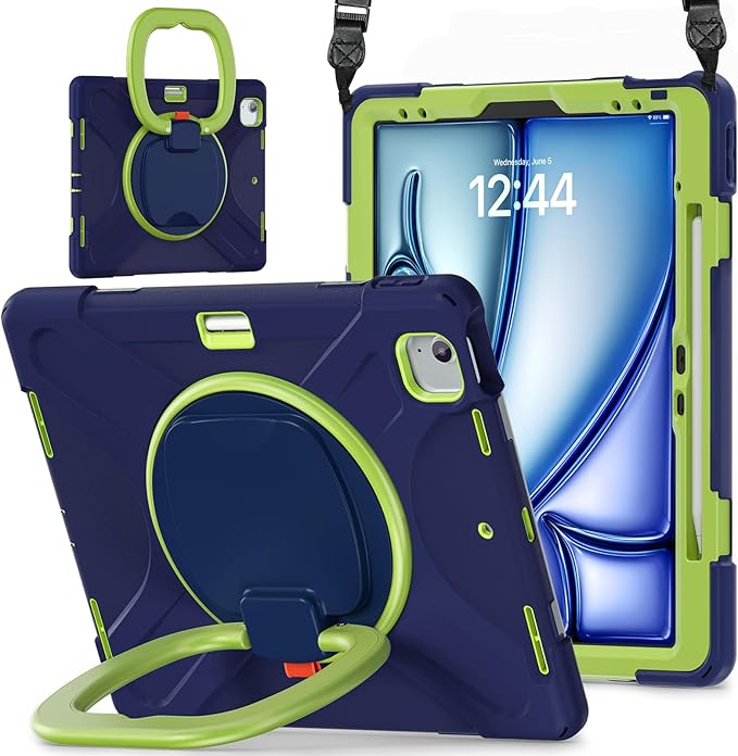 MEEgoodo Case for iPad Air 13 inch 2025 (M3) /2024 (M2) &amp iPad Pro 12.9 Case 6th/5th/4th/3rd Generation 2022 2021 2020 2018Tablet Cover with Pencil Holder/Rotating Stand/Shoulder StrapNavy Blue