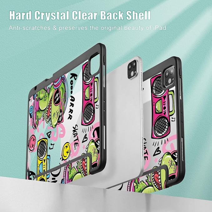 Mektron Case for iPad Pro 11 inch (4th 3rd 2nd &amp 1st Gen) 2022 2021 2020 2018 Buit in Pencil Holder with Shockproof Cover Clear Shell + Trifold Stand + Auto Wake/Sleep Cool Dinosaur