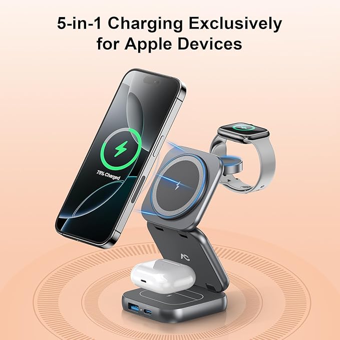 5-in-1 Wireless Charger for MagSafe AC ISLAND Portable Travel Charging Station 35W Max Fast Foldable Magnetic Stand Evolved for iPhone 17-12 &amp Air Series Apple Watch AirPods (with 35W Adapter
