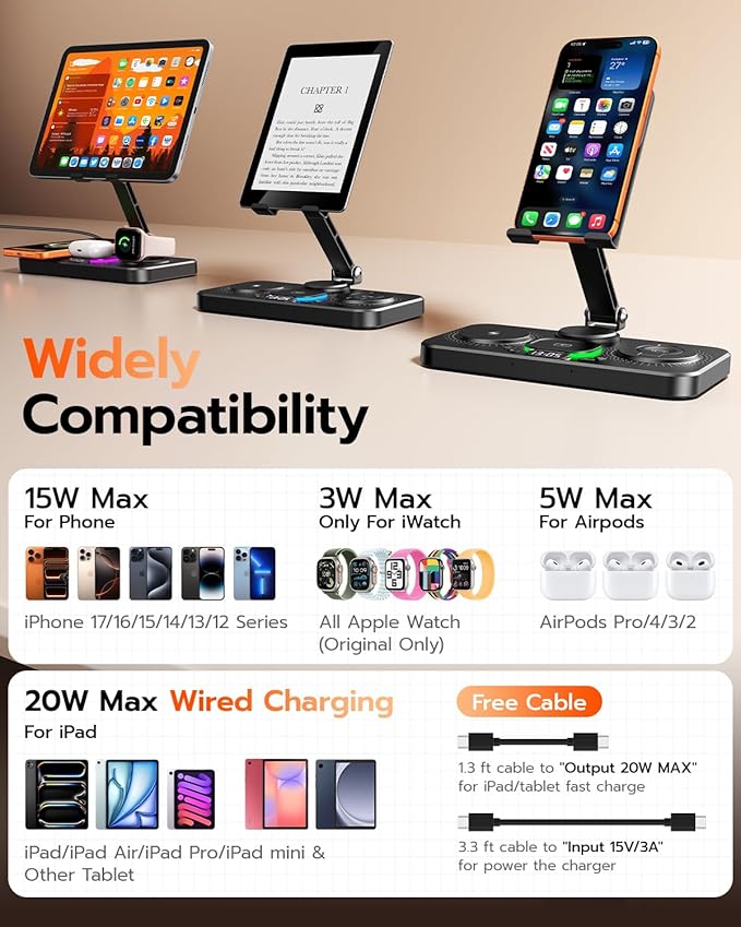 45W 6 in 1 Charging Station for Apple Multiple Devices with Clock &amp Light 20W Fast Foldable Wired Charging Stand for iPad/Tab Wireless Charger Design for MagSafe Charger for iPhone 17/iWatch/Air