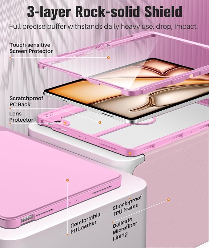 MoKo for iPad Air 13-Inch Case (M4/M3/M2) 2026/2025/2024 with Pencil Holder Heavy Duty 13 Inch iPad Air Case with Screen Protector Clear Back Lens Protector Multi-angle Magnetic StandNosegay Pink