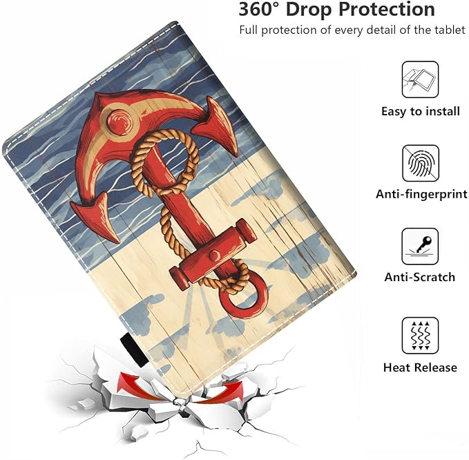 Case for All-New Amazon Kindle Fire HD 10 &amp 10 Plus Tablet 10.1 (13th/11th Generation 2023/2021 Release) - PU Leather Folio Case with Smart Auto Wake/Sleep Nautical Anchor