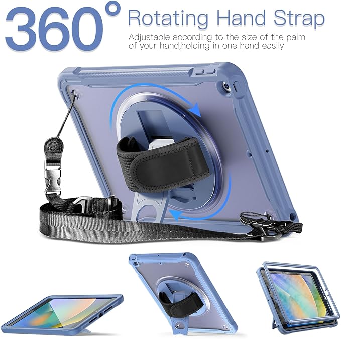 BRAECNstock for iPad 9th/ 8th/ 7th Generation Case 10.2 2021/2020/2019Shockproof Cover with 360° Rotating Hand Strap/StandScreen ProtectorCarrying Shoulder StrapPencil Holder(Lavender Grey)