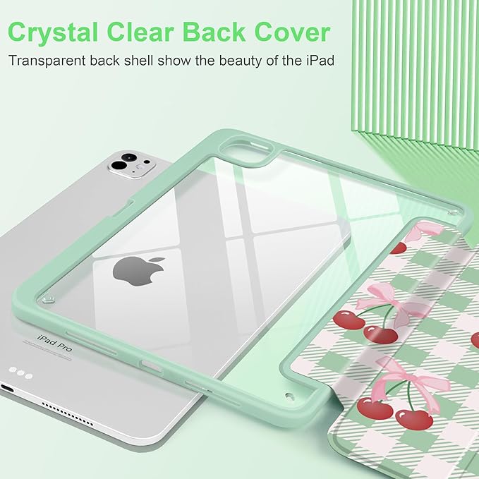 DONGKE for iPad Pro 11-Inch Case (M5 2025 / M4 2024) 6th/5th Generation [Auto Sleep/Wake &amp Pencil Pro Holder] Clear Acrylic Back Smart Trifold Stand Cover Green Cherry