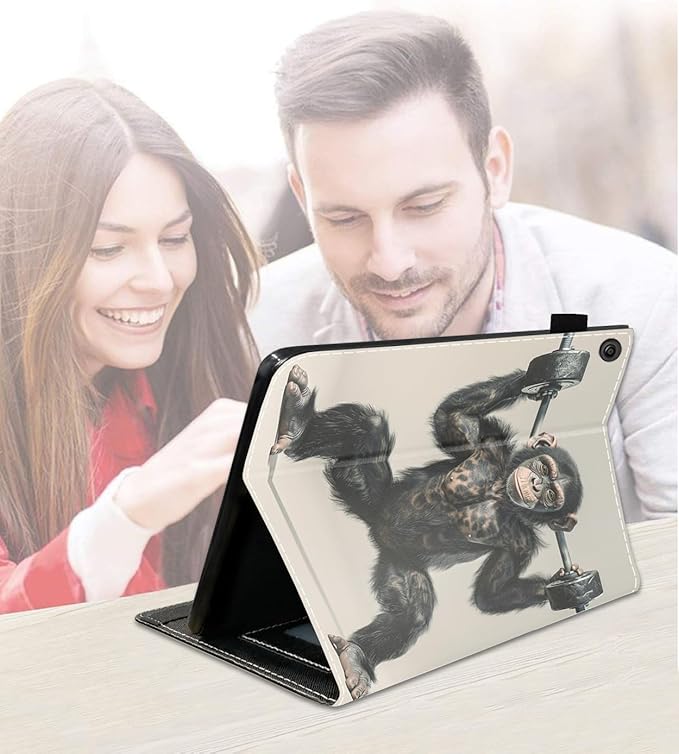 Case for Amazon Kindle Fire 7 Tablet (7 9th/7th Generation 2019/2017 Release) Slim PU Leather Cover with Card Slot &amp Auto Wake/Sleep Funny Orangutan Lifting Barbell