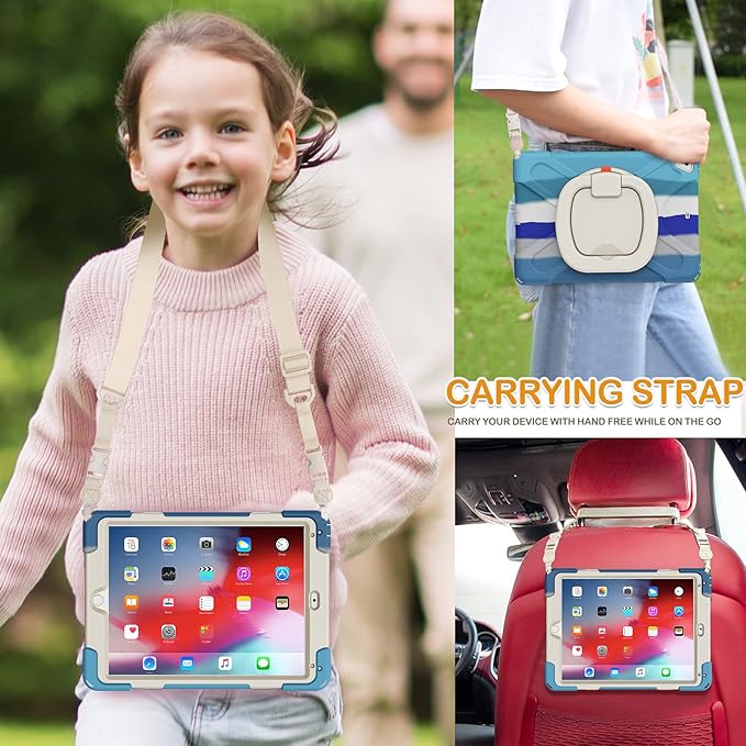 BRAECN Case for 9.7 Inch iPad 6th/5th Generation/iPad Pro 9.7 Inch/iPad Air 2 Full-Body Rugged Case w/Pencil Holder/Swivel Stand/Hand Grip/Adjustable Shoulder Strap for Boys &ampGirls-Colorful Blue