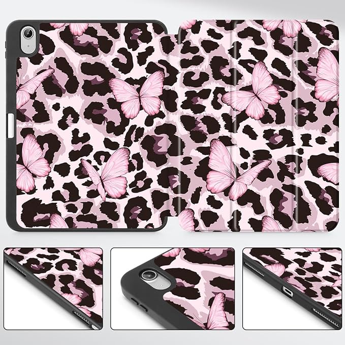 Mektron Case for iPad Air 11 inch (M4 2026 8th /M3 2025 7th /M2 2024 6th) Compatible with iPad Air 10.9 (2022 5th Gen /2020 4th Gen) Tablet Cover Buit in Pencil Holder Leopard Pink Butterfly