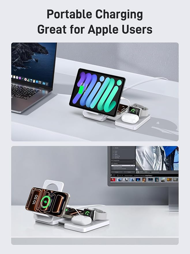 Wireless Charger 4 in 1 for Apple Charging Station for iPhone 17 Pro Max/16/15 AirPods Pro2 iPad Stand Watch Charger for iWatch Series 10/9/8 Foldable Charging Station for Multiple Devices (White)