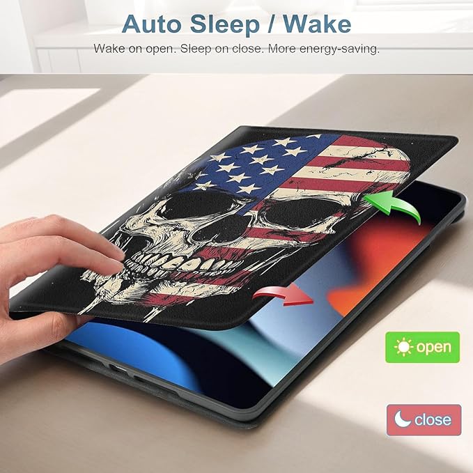 Case for iPad 10.9 Case (10th Gen) Protective Tablet Cover with Adjustable Stand and Magnetic Auto Wake/SleepSkull American Flag
