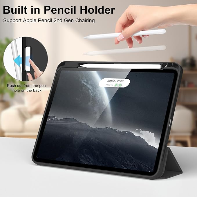 for iPad Pro 12.9 Inch Case 6th/5th/4th Generation (2022/2021/2020) with Pencil Holder Smart Stand Cover with Soft TPU Back for iPad Air 13 inch Case Auto Sleep/Wake Black