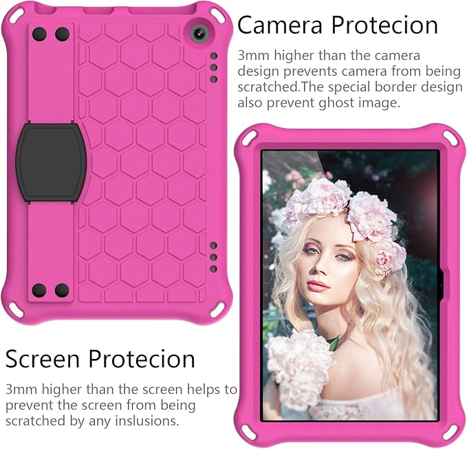 Bumper Case for Fire HD 8/Plus 10th Gen (2020 Only) Techcircle Shockproof Hand Belt Stand Cover Kids EVA Foam Honeycomb Protective Case with Shoulder Strap Handle Light Cover Rose
