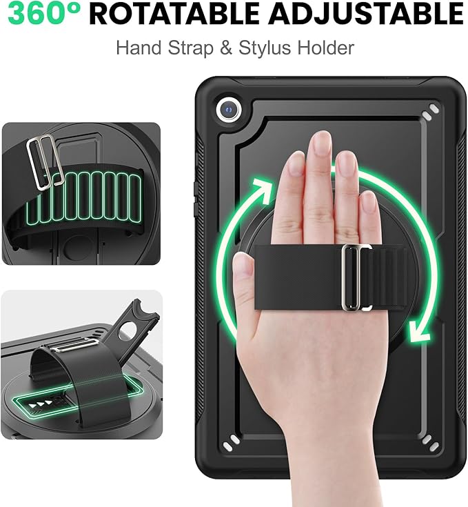 SEYMAC for Samsung Galaxy Tab A9+ Plus Case 11 2023 (SM-X210/X216/X218) Full-Body Shockproof Protective Case with Screen Protector Rotating Stand and Hand/Shoulder Strap Black