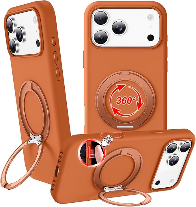 STERKER 360° Rotatable Stand Compatible with iPhone 17 Pro Case with Magnetic [Military Grade Drop Tested][Adjustable Kickstand] Ring Holder Silicone Slim Back Soft Edge Orange