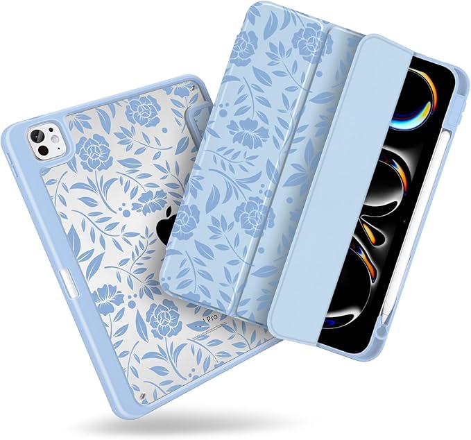 MecBevia Case for iPad Pro 11 inch M5 2025 / M4 2024 (6th/5th Gen) A3357 A3358 A3359 A2836 A2837 A3006 – Built-in Pencil Holder &amp Auto Wake/Sleep Vintage Blue Floral