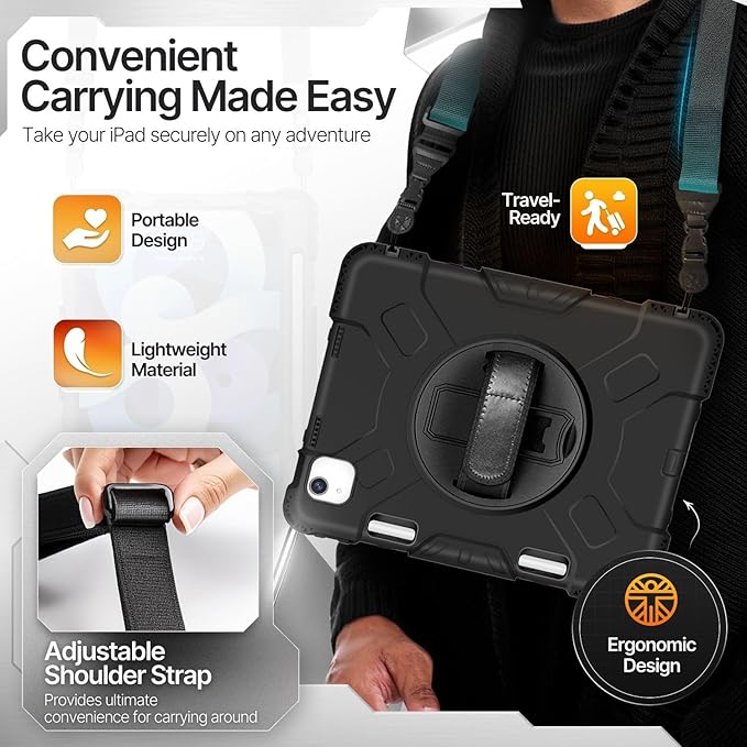 TNP Protective Case for iPad Air 6th M2 2024 11 Inch 5th 4th Gen 10.9 inch and iPad Pro 4th 3rd 2nd Generation (2022 2021 2020 2018) w/Pencil Holder Handle Stand &amp Shoulder Strap Black