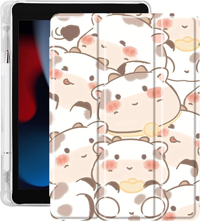 Idocolors Cute Kawaii Cow Pad Case for 10.9 Inch iPad Air 4 2020/iPad Air 5 2022 Clear TPU Trifold Stand Back Cover with Pencil Holder Auto Wake/Sleep Foldable Shockproof Protective Case