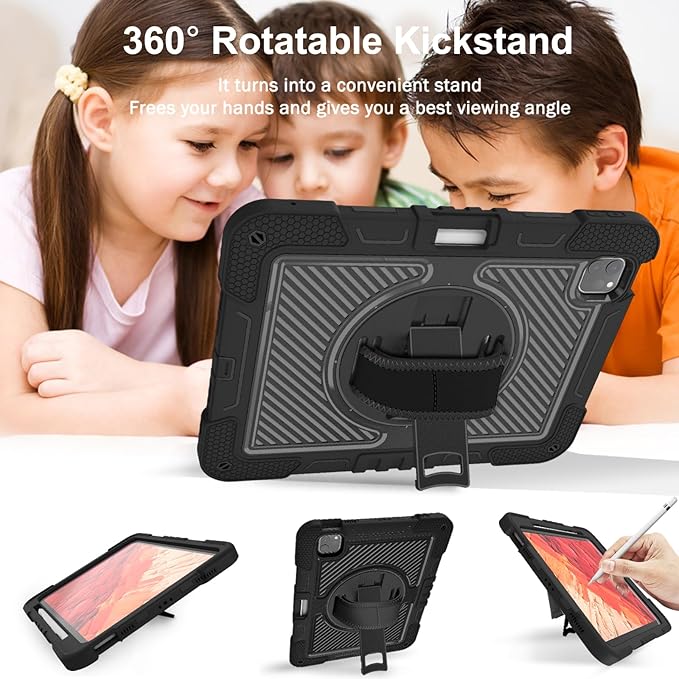 Shockproof Case for iPad Pro 11-inch M5/M4 (2025/2024) Cover with Hand/Shoulder Strap Techcircle Heavy Duty Rotating Kickstand Rugged Defender Protective Case with Pencil Holder Black