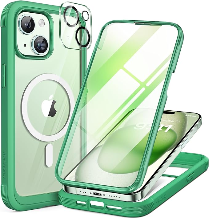 Miracase Magnetic for iPhone 15 Plus Case 6.7'' [Compatible with Magsafe] Full-Body Military Drop Proof 15 Plus Phone Case Cover with Built-in 9H Tempered Glass Screen ProtectorMagnetic Green | Magne