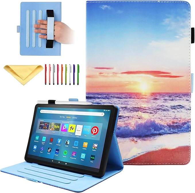 Case for Amazon Kindle Fire Max 11 Tablet (13th Generation 2023 Release) 11 with Pencil Holder/Hand Wrist Strap Folio Stand Magnetic Smart PU Leather Cover [Auto Sleep Wake] Beach Sunrise